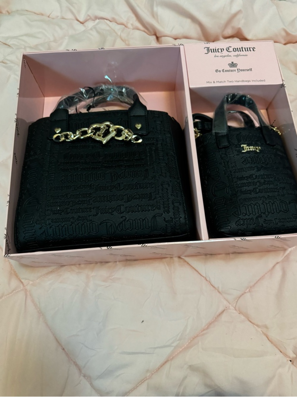 Juicy Couture Black Embossed Satchel Set with Gold Chain Accent